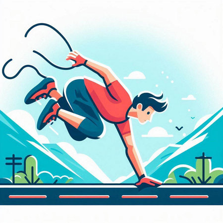 Vector illustration of a young man jumping on the road. Flat style design.のイラスト素材