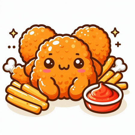 Illustration of Cute Fried Chicken with Sausage and Ketchupのイラスト素材