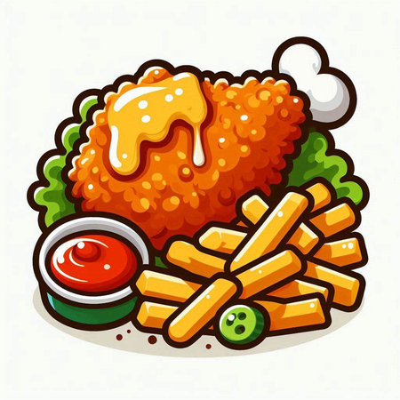 Illustration of fried chicken with fries and ketchup on white backgroundのイラスト素材
