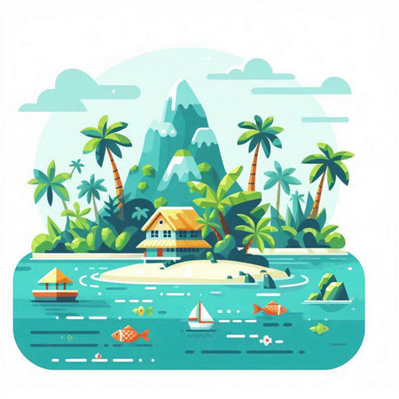 Tropical island. Vector illustration in flat style. Summer vacation.のイラスト素材