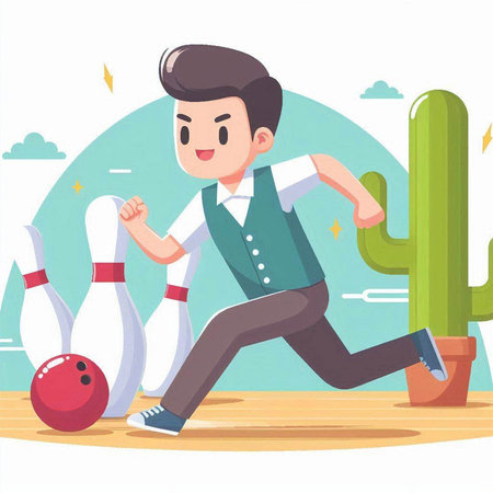 Man playing bowling in the park. Vector illustration in cartoon style.のイラスト素材