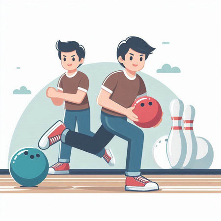 Young man playing bowling with his friend. Vector illustration in cartoon style.のイラスト素材