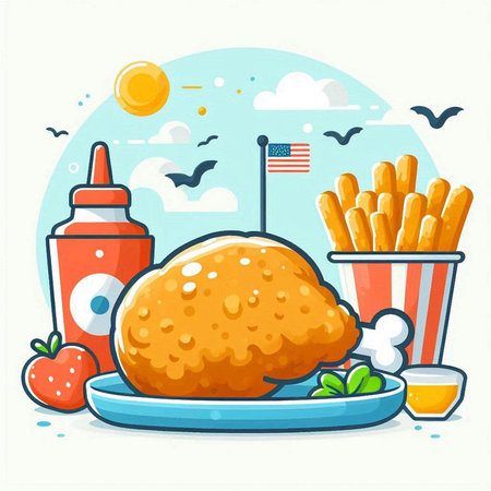 Vector illustration of fried chicken with american flag and french fries.のイラスト素材