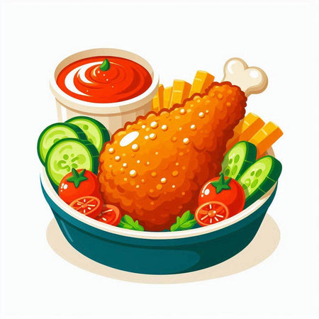Illustration of fried chicken drumstick with tomato sauce and cucumberのイラスト素材