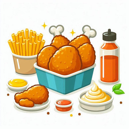 Illustration of fried chicken, french friesnnaise and mustardのイラスト素材