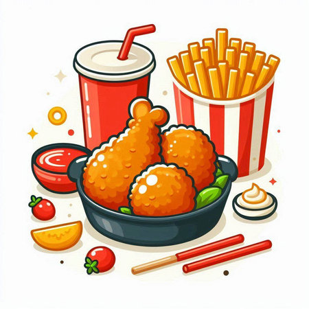 Illustration of fried chicken wings in a bowl with sauce and friesのイラスト素材