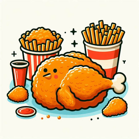 Fried chicken with french fries and ketchup. Vector illustration.のイラスト素材