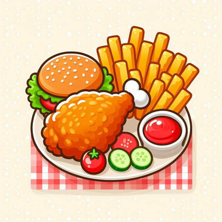 Illustration of a Cheeseburger, French Fries and Chipsのイラスト素材