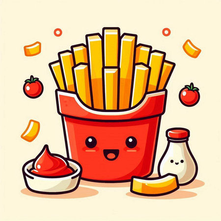 French fries with kawaii face, vector cartoon character illustration.のイラスト素材