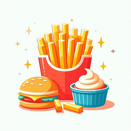 Fast food vector illustration. French fries, hamburger and cupcakeのイラスト素材