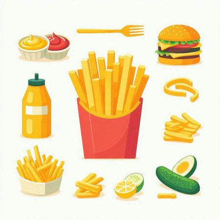 Set of fast food icons with french fries, ketchupnnaise and mustardのイラスト素材