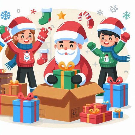 Santa Claus and children with Christmas gifts. Vector illustration in cartoon style.のイラスト素材