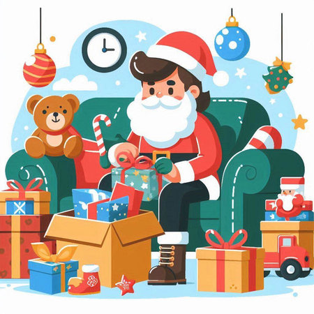 Santa Claus sitting on the sofa with gifts and toys. Vector illustrationのイラスト素材