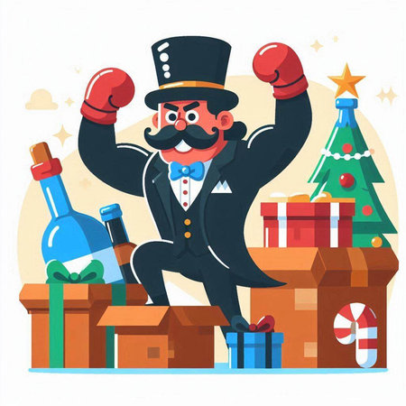 Cartoon vector illustration of a man in a tuxedo and boxing gloves with a bottle of wine and gifts.のイラスト素材