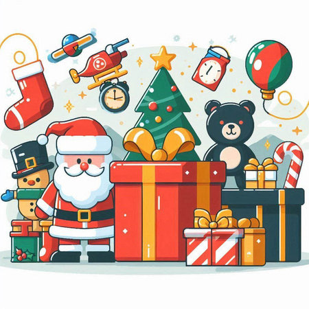 Illustration of Santa Claus with gifts and toys. Vector illustration.のイラスト素材