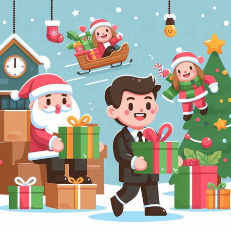 Santa Claus and happy family with presents. Merry Christmas and Happy New Year.のイラスト素材