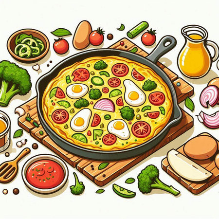 Illustration of omelette with vegetables in a frying pan.のイラスト素材