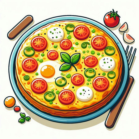 Illustration of a pizza with tomato, mozzarella and basilのイラスト素材