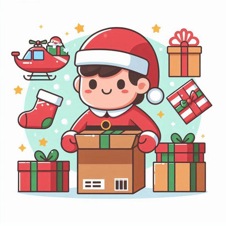 Cute little boy with Santa Claus clothes and gift boxes. Vector illustration.のイラスト素材