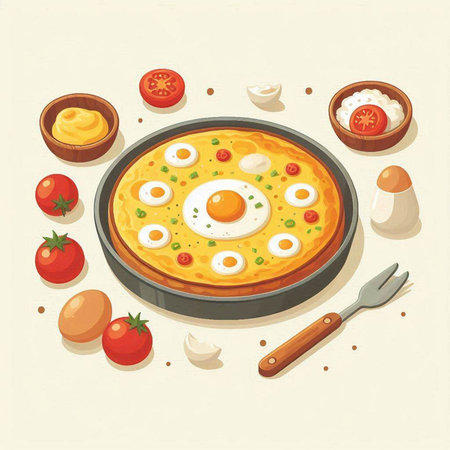 Illustration of fried eggs in a frying pan with vegetables and spicesのイラスト素材