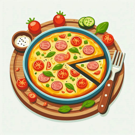 Pizza with ham, cheese, tomato and basil. Vector illustration.のイラスト素材