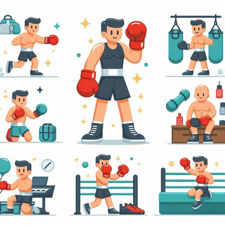 Cartoon boxing icons set. Vector illustration of boxers in different poses.のイラスト素材