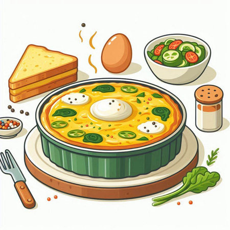 Illustration of a spinach frittata with mozzarella cheeseのイラスト素材