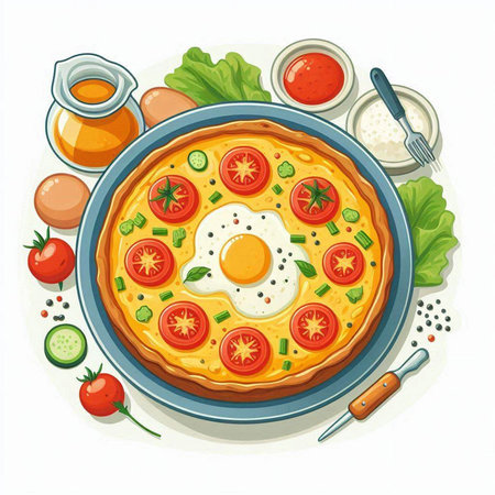 Omelette with tomatoes, cucumber, parsley and eggs. Vector illustration.のイラスト素材
