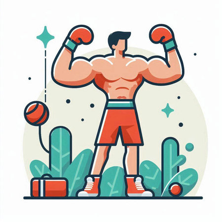 Muscular man doing exercises with dumbbells. Flat vector illustration.のイラスト素材