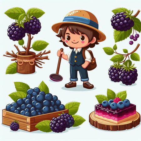 Cute little boy and girl with berries. Vector cartoon illustration.のイラスト素材