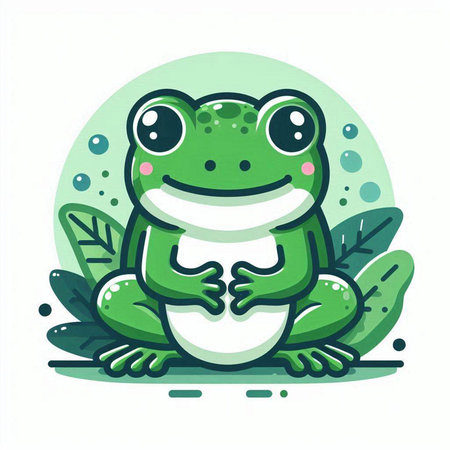 Cute cartoon frog sitting on green leaves. Vector illustration in flat style.のイラスト素材