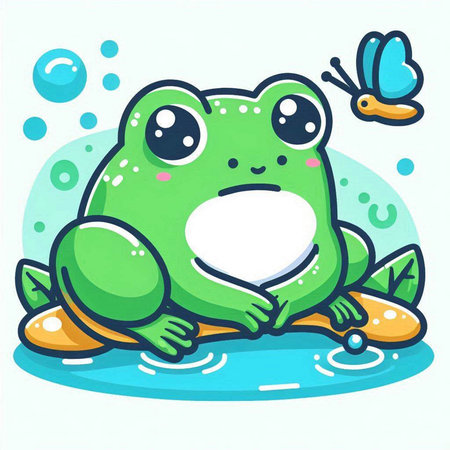 Cute green frog sitting on a stone in the water. Vector illustration.のイラスト素材