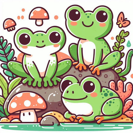 Frog family in the garden. Vector illustration of cute cartoon character.のイラスト素材