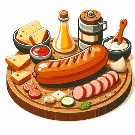 Sausage with cheese and spices on a wooden board. Vector illustration.のイラスト素材