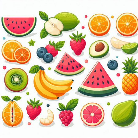 Fruits and berries vector icons set. Illustration of fresh fruit and berries.のイラスト素材