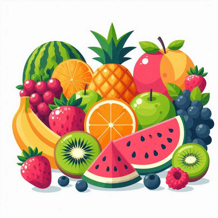 Fruits and berries isolated on white background. Vector cartoon illustration.のイラスト素材