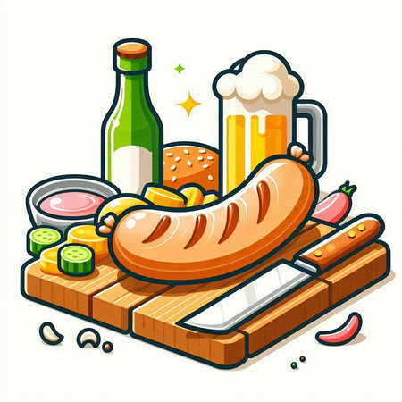 Sausage and beer on a cutting board. Vector illustration.のイラスト素材