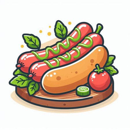 Vector illustration of hot dog with ketchup and mustard on wooden plate.のイラスト素材