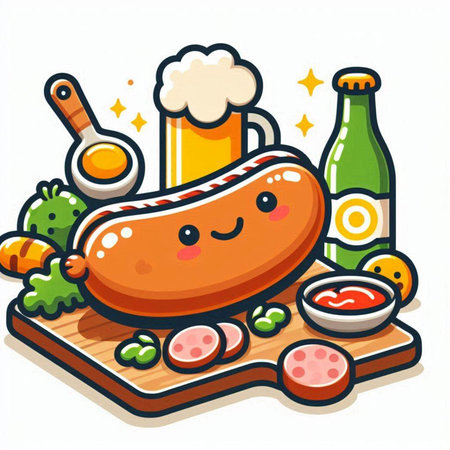 illustration of kawaii hot dog with beer and ingredients on white backgroundのイラスト素材