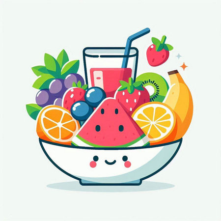 Fruit salad in a bowl. Vector illustration in cartoon style.のイラスト素材