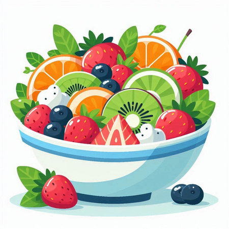 Fruit salad in a bowl. Vector illustration in flat style.のイラスト素材
