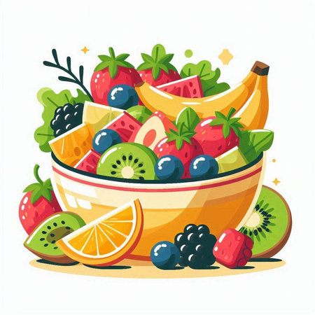 Fruit salad in a bowl. Vector illustration in cartoon style.のイラスト素材
