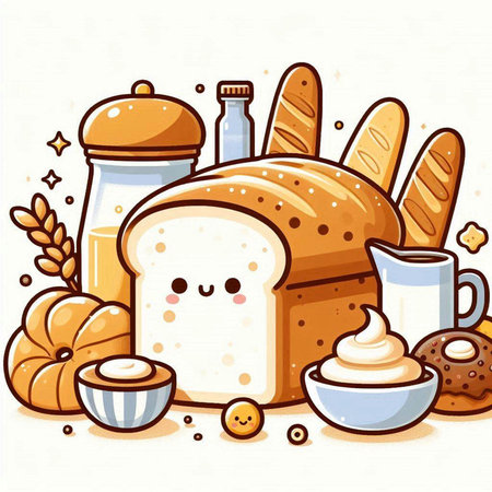 Bread, milk and bakery products. Vector illustration of cartoon style.のイラスト素材