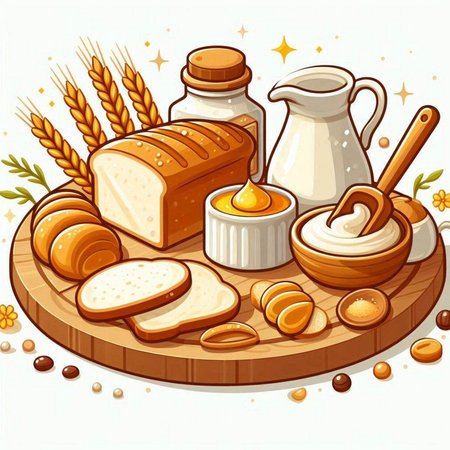 Illustration of a set of different types of bread and other productsのイラスト素材