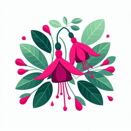 Fuchsia flower with green leaves on white background. Vector illustration.のイラスト素材