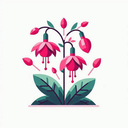 Fuchsia flowers with leaves. Vector illustration. Flat design.のイラスト素材