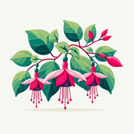 Fuchsia flowers on a branch with leaves. Vector illustration.のイラスト素材