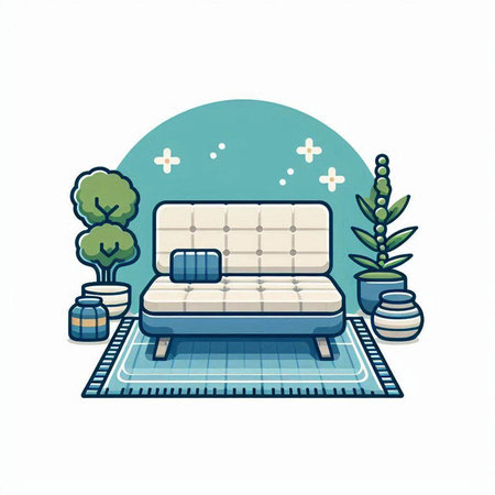 Illustration of a cozy living room with a sofa and a plantのイラスト素材
