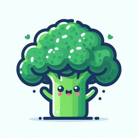 Cute happy broccoli character. Vector flat cartoon illustration. Isolated on white background.のイラスト素材