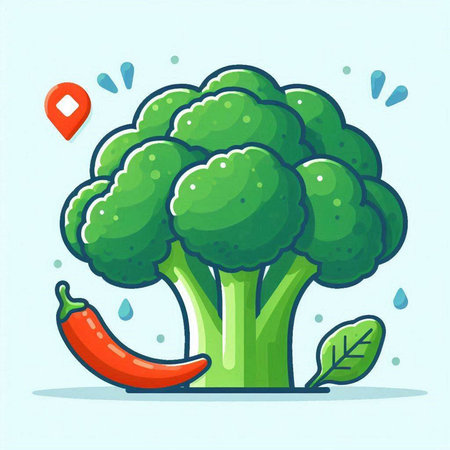 Broccoli and chili pepper. Vector illustration in flat cartoon style.のイラスト素材